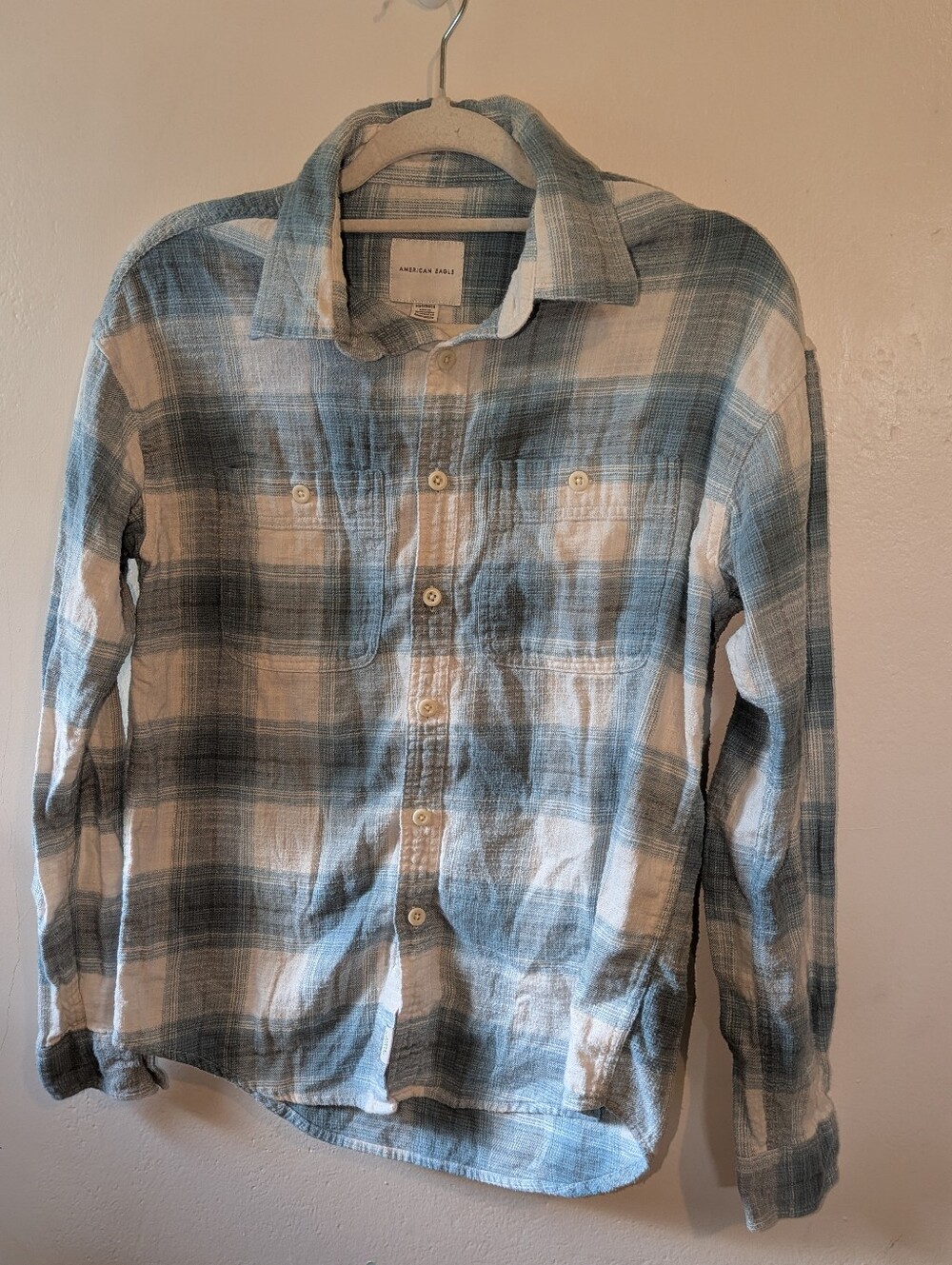 American Eagle Outfitters Light Blue and White Plaid Button-Down Shirt Size XS